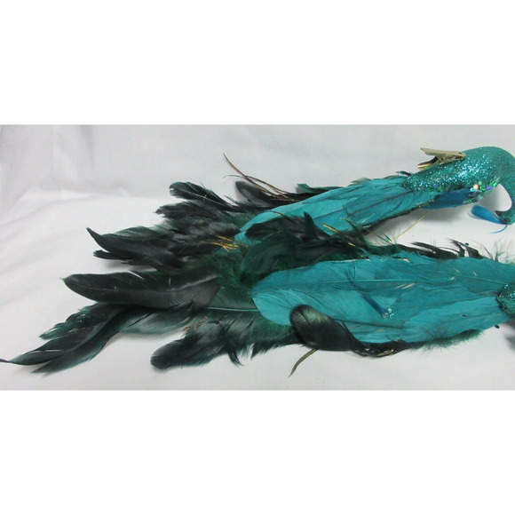 Teal Blue Glitter Sequins Peacock REAL Feather Tail Ornament Decor Holiday - Picture 6 of 6